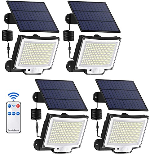 Luz Solar Exterior con Sensor de Movimiento【228LED/3 Modo】Luces Solares Exterior con Mando a Distancia, LED Solar Exterior Potente con un Cable de Extensión de 5M