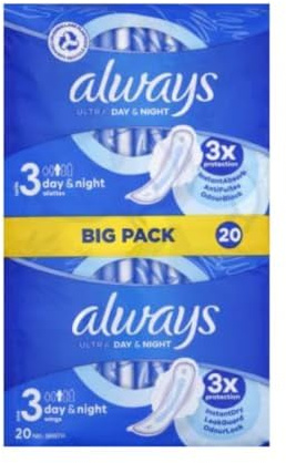 Always Ultra Binden Damen Gr. 3, Day & Night (20 Damenbinden mit Flügeln) Big Pack, dünn und super saugfähig, geruchsneutralisierend und Auslaufschutz