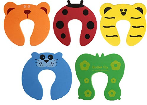 Door Finger Pinch Guards, 5 Pcs Cartoon Animal Soft Foam Door Stopper, Baby Proof Door Slam Stopper for Baby Finger Protection and Children Safety (5 Colors)
