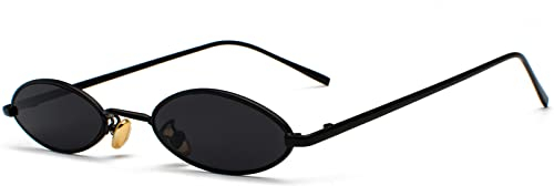 Ggpyyon Vintage Kleine Ovale Sonnenbrille für Frauen Männer Retro Hippie Gläser Brille Metallrahmen Trendy UV400 Schutz(Schwarz/Grau)