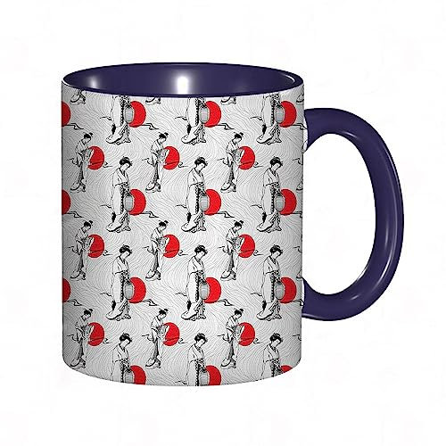 Tasse Keramik Japanisches Kulturmuster mit Geisha-Frau im Kimono-Kostüm auf abstraktem gewelltem Hi Kaffeetassen Große 330ml Mit Henkel 100% Handbemalt Trinkgläser Mit Griff Personalisierte Geschenk