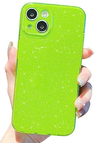 Finyosee Compatible with iPhone 15 Case 6.1 inch(2023 Release), Cute Neon Bright Color,Glitter Bling Thin Slim Shockproof Silicone Sparkly Case, Soft TPU Phone Case for Women Girl-Neon Green