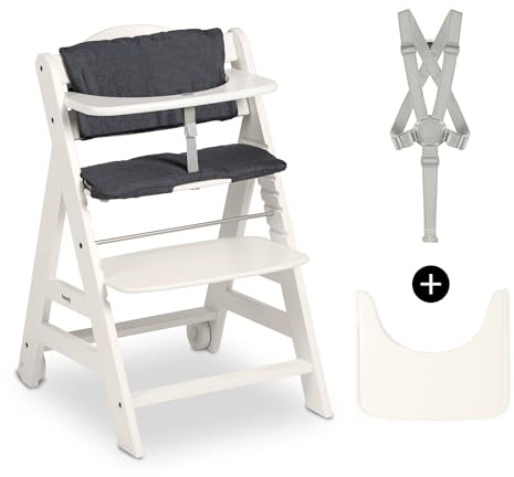 hauck Beta+, White - Mitwachsendes Kinderhochstuhl Set ab 6 Monaten bis 90 kg mit Rädern, Sitzkissen, Großes Essbrett, Kleiner Schutzbügel, 5 Punkt Gurt Sicherheitsgurt & Schrittgurt