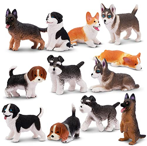 EYSCOTA 12PCS Hund Figuren Playset, Realistisch Detaillierte Plastik Welpen Figuren, Handbemalte Mini Hund Figuren Spielzeug Set Kuchen Toppers Geburtstag Geschenk für Kinder Kleinkinder