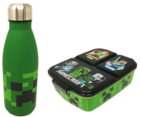 Theonoi Minecraft A - Fiambrera infantil con divisores/compartimentos y botella de agua