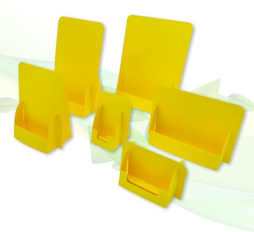 thefoldstands 2x6 faltbare FLYERSTÄNDER Yellow eco Design Mix Set je 2 x für Flyer Postkarten A5+A6+Din lang vertikal+Visitenkarten je vertikal+horizontal, für kurz-bis mittelfristigen Einsatz