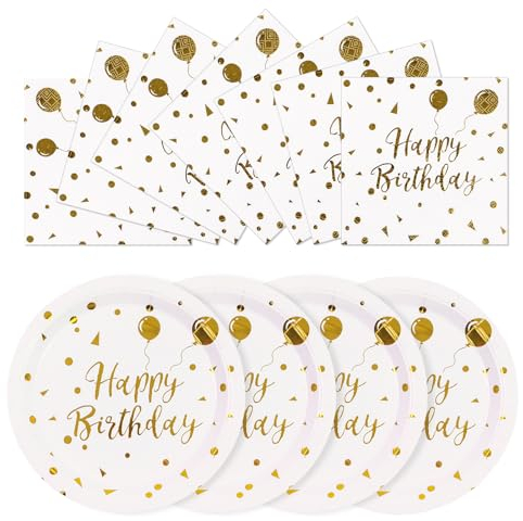 EVYIENEN Lot de 50 assiettes et serviettes en carton blanc « Happy Birthday » - 25 x 17,8 cm - Assiettes à dessert 25 x 16,5 cm - Serviettes jetables en carton pour anniversaire - Assiettes de fête