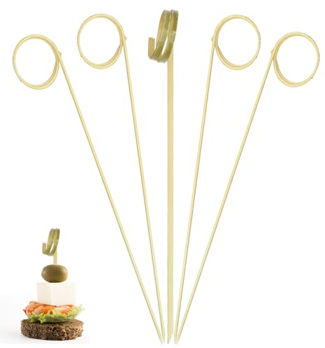 EXNIMA 300 Piezas, Palillos de Bambú para Cócteles y Brochetas, Accesorios Originales para Fiestas y Barbacoas,Palitos de Madera Reutilizables,Utensilios de Cocina (9 cm, Espiral Pack 300)