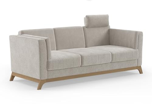 Cavadore 3er-Sofa Vida / 3-Sitzer Couch im trendigen Design mit massivem Holzrahmen in Buche, Kopfstütze mit Kuschelkissen / 213 x 84 x 93 / Chenille, Naturweiß