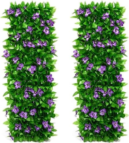 QYMLSH Panneaux De Treillis De Jardin Extensibles 2 Pièces, Clôture De Jardin Télescopique avec Lierre Artificiel Et Fleur Violette, Panneau De Clôture Décoratif en Fausses Feuilles De Lierre
