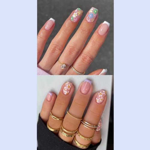 48 pcs Press on Nails French Full Cover Fake Nails Stick on Nails False Nails Acrylic Nails Reusable Press Nails for Women Girl (small flowers, medium)