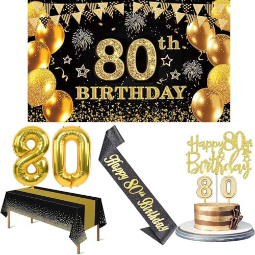 80th Birthday Decorations Men Women with 80th Birthday Banner, Black and Gold Table Cloth, Number Balloons, Black Glitter Sash, Cake Topper and Candles