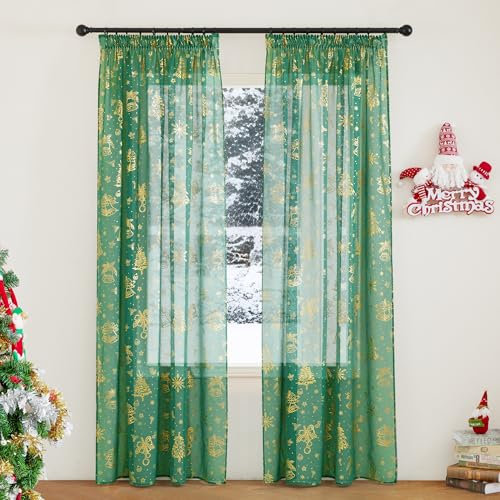 PONY DANCE Rideaux Voilages Noel - Voilage Vert 140x220cm Semi-Transparents, Motifs de Noël, Rideu Galon Fronceur, Décoration Moderne pour Fenêtre de Salon Chambre Cuisine, 2 Pièces