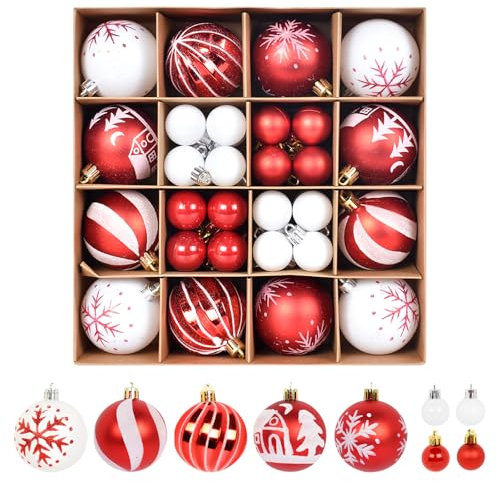 Homirty 44 Pezzi Palle di Natale in Plastica, Ornamenti dell'Albero di Natale, Decorazioni per l'Albero di Natale, Palline di Natale per Albero Set, Palline Albero di Natale, Bianco Rosso