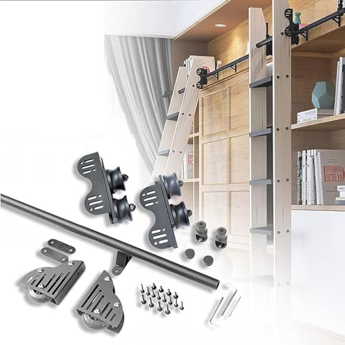 ZJFJMBD Sliding Ladder Hardware Kit, Retractable Rolling Ladder Hardware Library Heavy Duty Steel Floor Roller Mobile Ladder Slide Rail