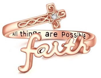 ONEFINITY Glaubens Ring aus 925er Sterlingsilber Kreuz Glaubensring Verstellbarer Löffel Glaubensringe Christliche Ringe Schmuck Geschenk für Frauen Mädchen Tochter Freundin-Roségold
