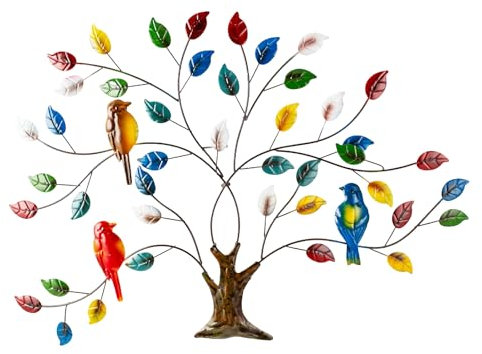 dreamskip Tree of Life Metal Wall Art, 27 Large Outdoor Wall Sculpture with Colorful Leaves and Birds, Tree Metal Wall Decor for Outdoor Indoor, Living Room, Bedroom, Patio, Fence, Garden Decor