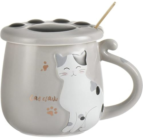 Huiyiwert Taza de porcelana de 400 ml, con tapa y cuchara de acero inoxidable, divertida taza de gato 3D para amantes de los gatos, mujer, amigos, niños, cumpleaños, Navidad, regalo (gris)