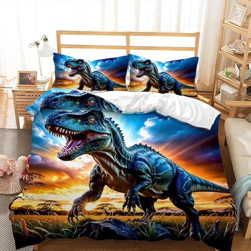 ZZTBQ Cartoon Dino Bettwäsche 155x220 3teilig Niedlich Cartoon Bunter Dinosaurier Kinderbettwäsche 1 Bettbezug 155x220 cm + 2 Kissenbezüge 80X80 cm, T-Rex Dino Bettwäsche-Sets Polyester Mikrofaser