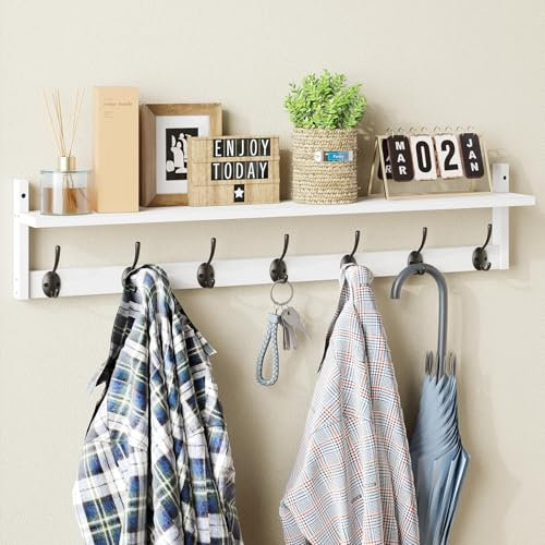 BAMEOS Wandhaken mit Regal - 88,9cm Länge, Eingang Kleiderhaken mit Regal, Holz-Wandregal, Wandmontierter Kleiderhakenständer mit 7 Doppelmetallhaken für Bad, Küche, Wohnzimmer, Schlafzimmer (Weiß)