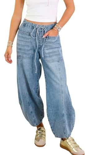 SANSIWU Women Baggy Jeans Elastic Waist Tie-up Wide Leg Balloon Barrel Denim Trousers Vintage Loose Fit Harem Pants with Pockets Streetwear (Light Blue A, S)