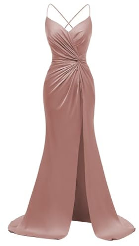 Robes de demoiselle d'honneur en satin pour femme avec fente pour soirée formelle, robes de cocktail, grande taille, Rose poudré, 54 Grande taille