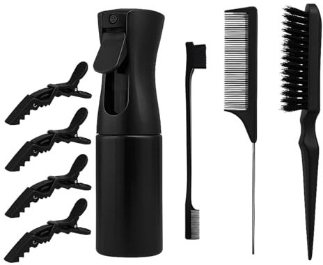 Flomiara 8-Piece Afro Hair Tool Set – Wide-Tooth Detangler, Slick Brush, Styling Combs & Leak-Proof Spray Bottle (8 Total), Gentle for Type 3a-4c Hair (Women & Teens), Color Black