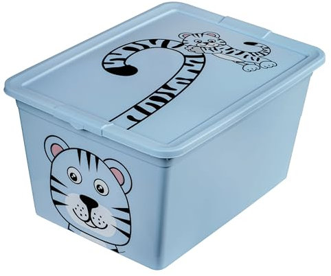 Toy Storage Box Tub Lid Kids Bedroom Organizer Pastel Cute Animal Chest Bin Stackable Rectangle Decor Boys Girls Nursery School Home (Blue Tiger, 30L)