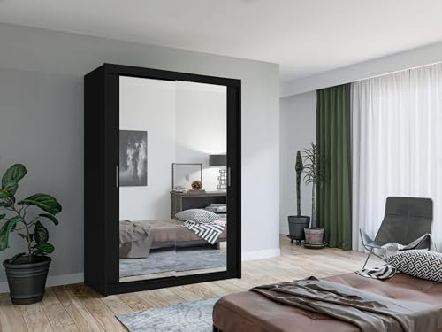 Krudox LUX Schwarz Schiebetürenschrank Kleiderschrank 150x216x62 cm mit Spiegel - Schlafzimmermöbel, Aufbewahrung – Mehrzweckschrank mit 2 Kleiderstangen