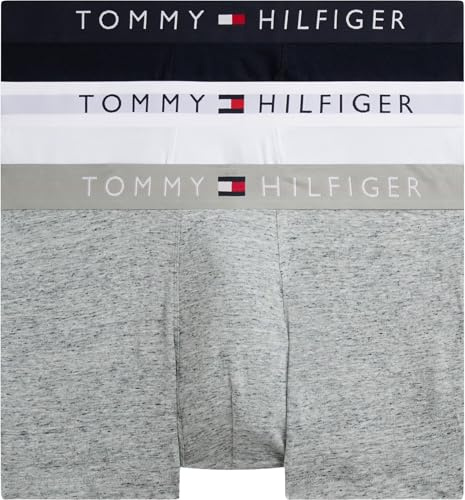 Tommy Hilfiger Herren 3er Pack Boxershorts Trunks mit Logobund, Mehrfarbig (Grey Htr/White/Desert Sky), M