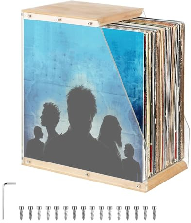Soporte Vinilos, 33,4 x 20 x 35 cm Soporte para Discos de Vinilo en Acrílico y Madera Maciza Caja Vinilos Transparente para Discos con Diseño Abierto para Entusiastas del Vinilo y Amantes de la Música