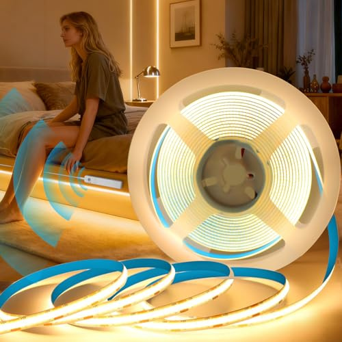 KSIBNW COB LED Streifen mit Bewegungsmelder, 5M LED Streifen Batteriebetrieben, Bewegungssensor Strip Automatisches Ein-/Ausschalten Dimmbar Lichtband für Schlafzimmer Flure, 3000K Warmweiß