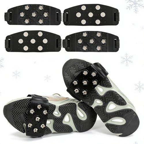 Eis-Stollen für Schuhe und Stiefel, 4 Stück, rutschfest, mit 7 harten Spitzen, verstellbare Silikon-Schneespikes und Klettverschluss zum Wandern, Winterstollen für Männer und Frauen