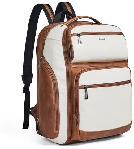 tiamyi Zaino in pelle vegana, espandibile da 40 l, zaino da viaggio TSA per uomini e donne, adatto per notebook da 17 pollici, con tracolla per bagagli e porta USB, beige