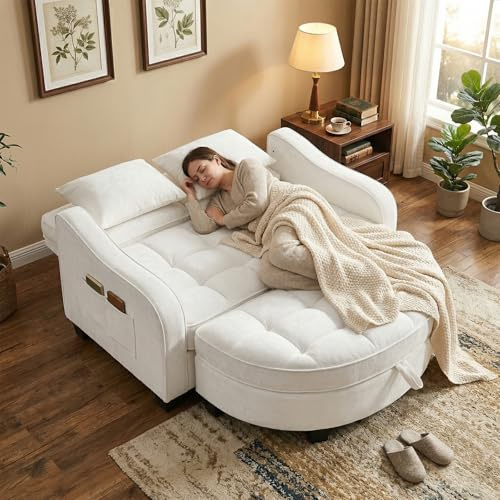 AliSefaiy Schlafsofa Klein,Sofa Mit Schlaffunktion132×129×93cm (Beige) | 2-In-1 Couch Klein With Aufbewahrungs-Hocker&4 Kisse&Seitenfach-Aufbewahrung Für Kleine Wohnzimmer/Studienzimmer/Schlafzimmer