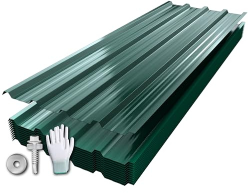 Suusolny 12er Set Profilblech mit Handschuhe & Schraube Verzinkter Stahl Trapezblech Dachblech mit Struktur 129x45cm = 7 m² Dachplatten Wetterfest Rostresistent Wellblech für Gerätehaus Carport - Grün