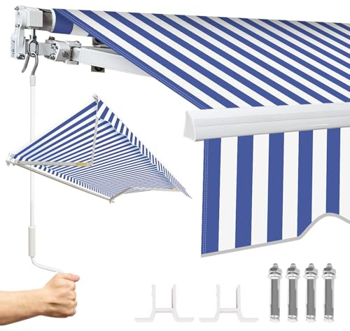 Ollewiellan Markise 300 x 250 cm manuelle Gelenkarmmarkise Sonnenmarkise Sonnenschutz mit Kurbel, Anti-UV und wasserfest, Alu/Polyester für Balkon, Terrasse, Garten, Blau/Weiß Gestreift