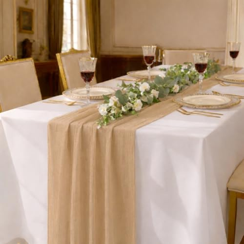 DecoHomeTextil Musselin Tischläufer 80 x 300 cm Beige (Double Pack) Weicher Gaze Stoff mit Faltenoptik für Hochzeit, Geburtstag, Party & stilvolle Tischdekoration Boho