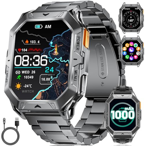 Smartwatch Uomo Militare, 1000mAh Batteria,Bussola/Altitudine/Barometro,100+ Modalità Sportive,24H Monitoraggio,2.13 AMOLED Orologio Smartwatch con Chiamate Bluetooth,10ATM per Android iOS Grigio Blu