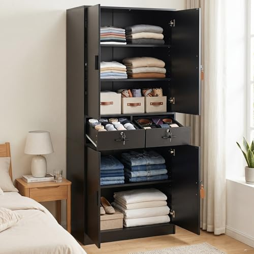 Kleiderschrank 200cm Hoch,Kleider Schrank Groß mit 4 Türen 2 Schubladen,3 verstellbare Einlegeböden,Schloss, Mehrzweckschrank Holz für Schlafzimmer,Kinderzimmer,Flur,Wohnzimmer,Schwarz,78x40x200 cm