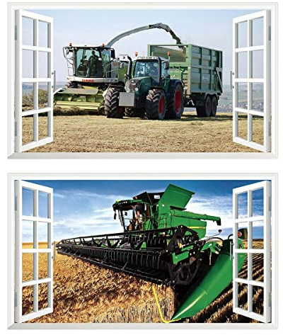 2Pcs Wandtattoo Mähdrescher Traktor Trecker 3D Effekt XXL V808 Landwirtschaft Wandaufkleber Fenster Selbstklebend für Junge Kinderzimmer Groß 1000mmx600mm