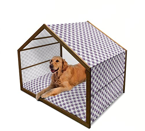 ABAKUHAUS Marine Hundehütte aus Holz, Ikat Chevron-Zickzack, tragbare Hundehütte für drinnen und draußen mit Kissen und Abdeckung, 90 cm x 127 cm, Lila Schiefer-Blau Weiß