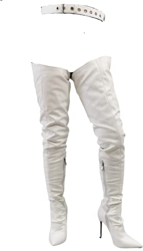 Stivale alto con punta a spillo sexy sopra il ginocchio in vita, classico bianco coscia stivali alti con cintura, Frankie Hsu grandi dimensioni designer tacchi sottili fatti a mano sopra il ginocchio