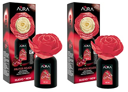 AURA. Pack 2 Ambientadores Flor Perfumada 40ml Aroma Frutos Rojos. Más de 4 semanas de duración. (2x40ml)