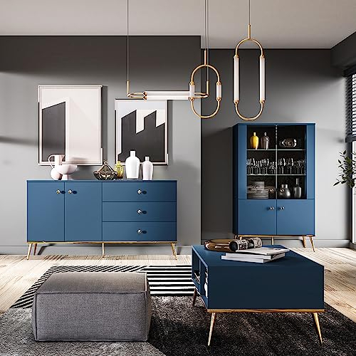 Lomadox Wohnwand Wohnzimmermöbel dunkelblau 3-teilig Modern, 1 Highboard, 1 Sideboard, 1 Couchtisch inkl. LED-Beleuchtung