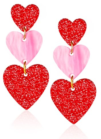 Amaxiu Rosa Herz Ohrringe, dreifache Herz Tropfenohrringe niedliches Liebesherz baumelndes Herz für Frauen und Mädchen Geschenk(Rot)