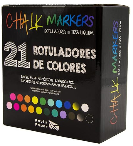 RAYLU PAPER – Rotuladores de Tiza Líquida, Rotuladores de Tiza Líquida Borrable para Pizarra, Marcadores con Punta Reversible 6mm, Para Pizarra Negra y Blanca, Cristal y Cerámica (21 Colores)