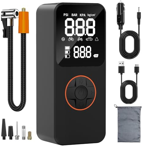 SINZUX Compressore Aria Portatile, Mini Compressore a Batteria 6000mAh, 150PSI, Gonfiatore di Pneumatici per Auto con Schermo LCD Digitale e Luci LED, Pompa per Biciclette, Auto, Bici, Moto, Palle