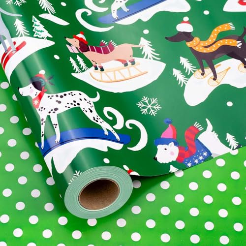 Wikadlik Wendbares Geschenkpapier für Weihnachten, 43 cm x 10 m, niedliches grünes Geschenkpapier, lustiger Hund, Weihnachtsbaum, Schneeflocken, Punktemuster