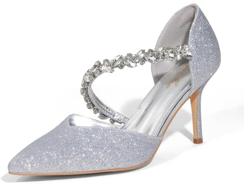 GENSHUO Tacones de Aguja de 10 cm con Correa Adornada con Perlas y Punta Afilada para Bodas